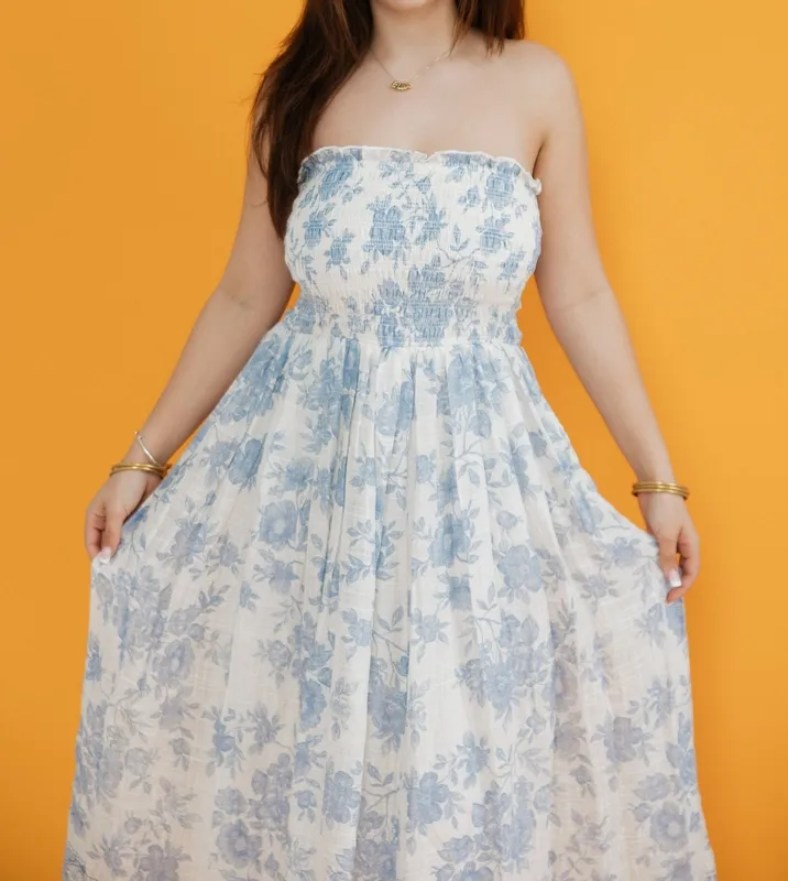 Ivory Floral Cotton Blend Midi Dress