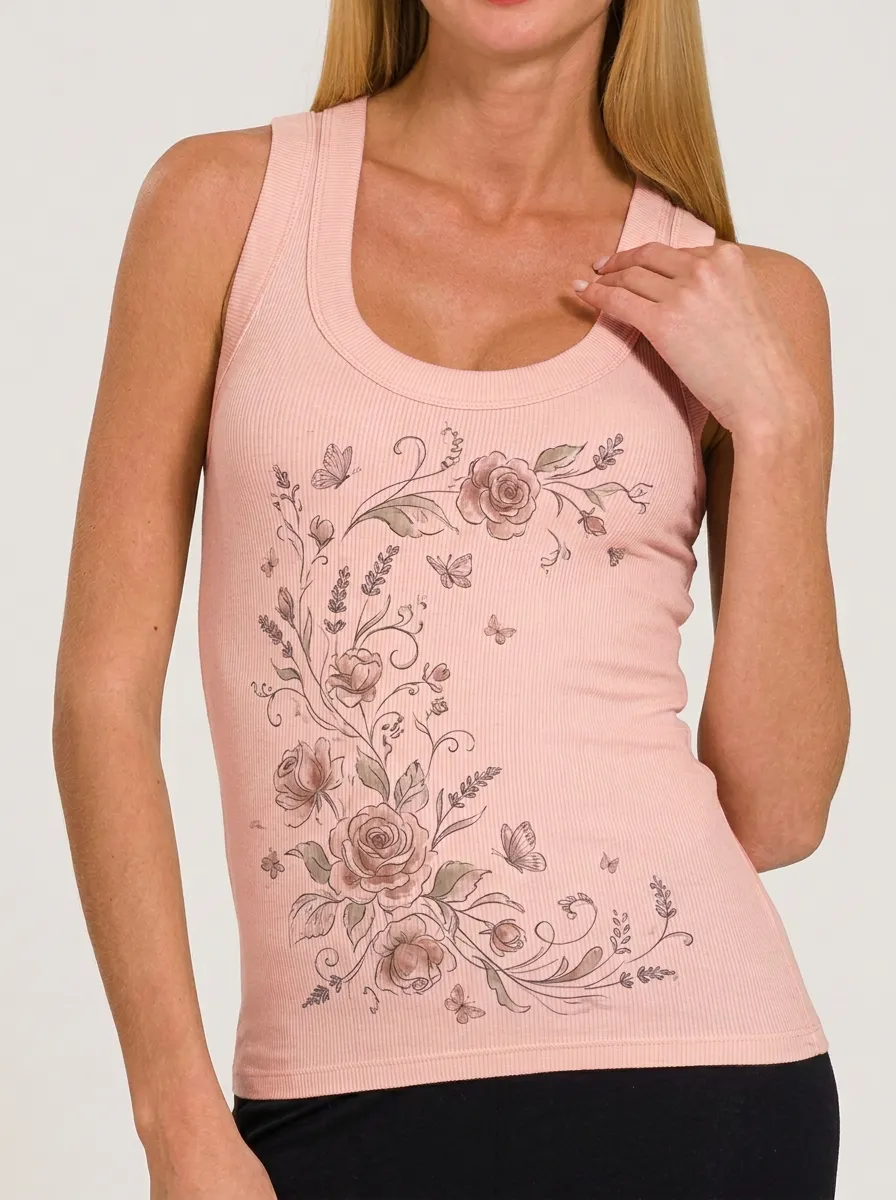 Women's Floral Butterfly Aesthetic Rose Printed Ribbed Tank Top