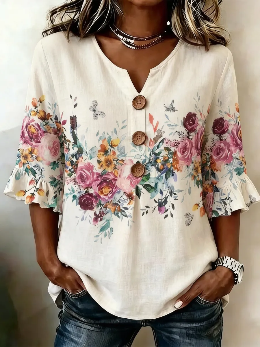 Women's Floral Print Linen Shirt