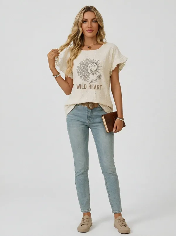 Women's Boho Wild Heart Sun Moon Feather Printed Top