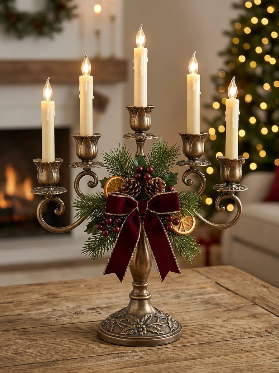 Festive Pinecone Berry Bow Candelabra