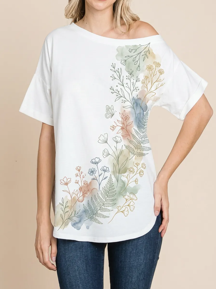 Women's Botanical Nature Lover Watercolor Floral Printed T-shirt