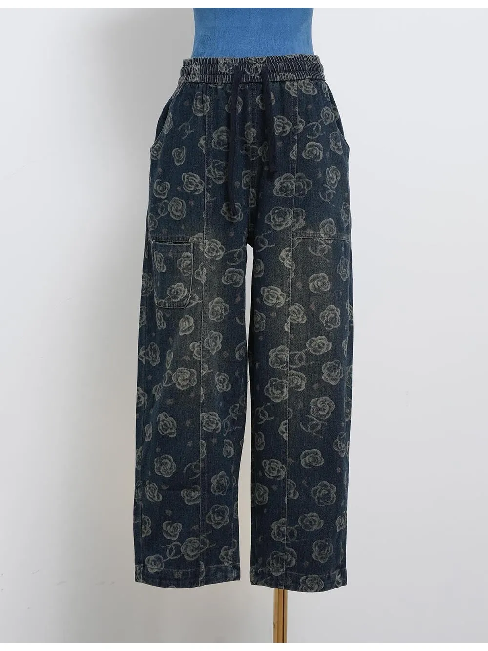 Elastic Waist Barrel Leg Denim Pants