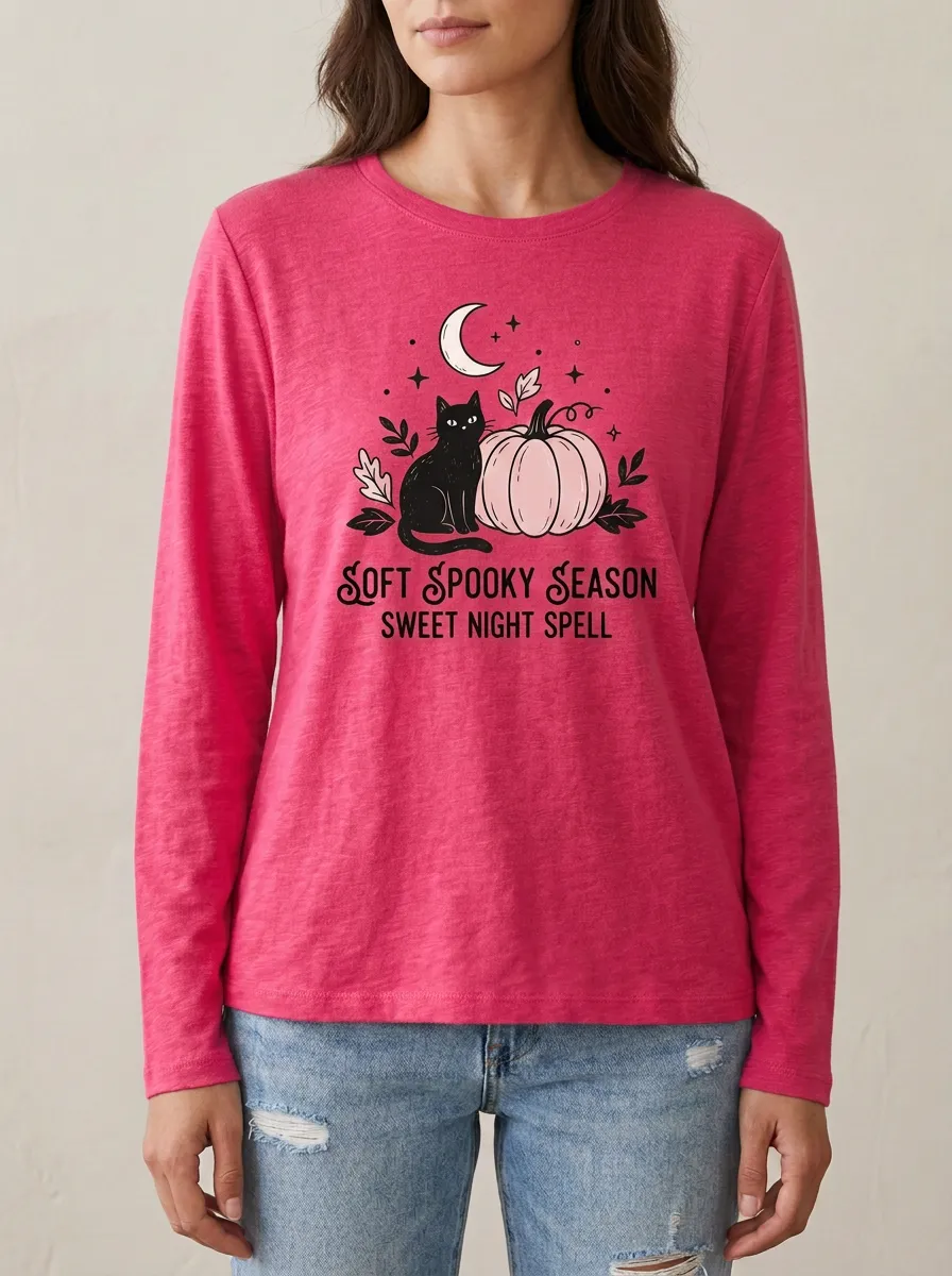 Pumpkin Moon Halloween Cotton Linen Long Sleeve Top