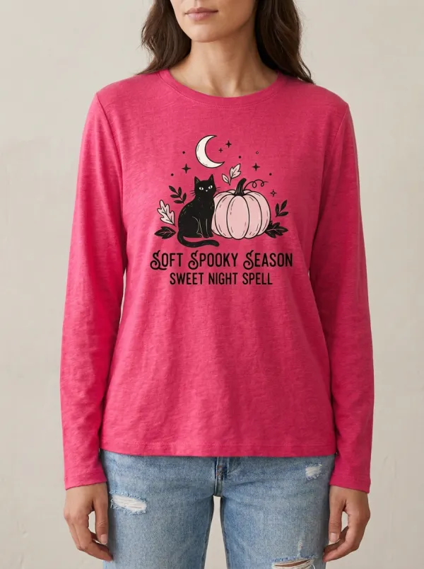 Pumpkin Moon Halloween Cotton Linen Long Sleeve Top