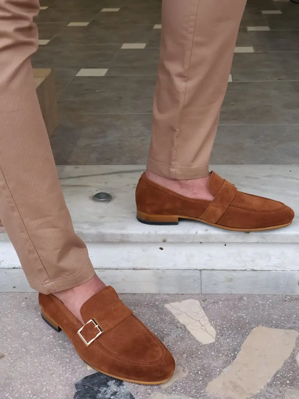 Leather Suede Buckle Loafers