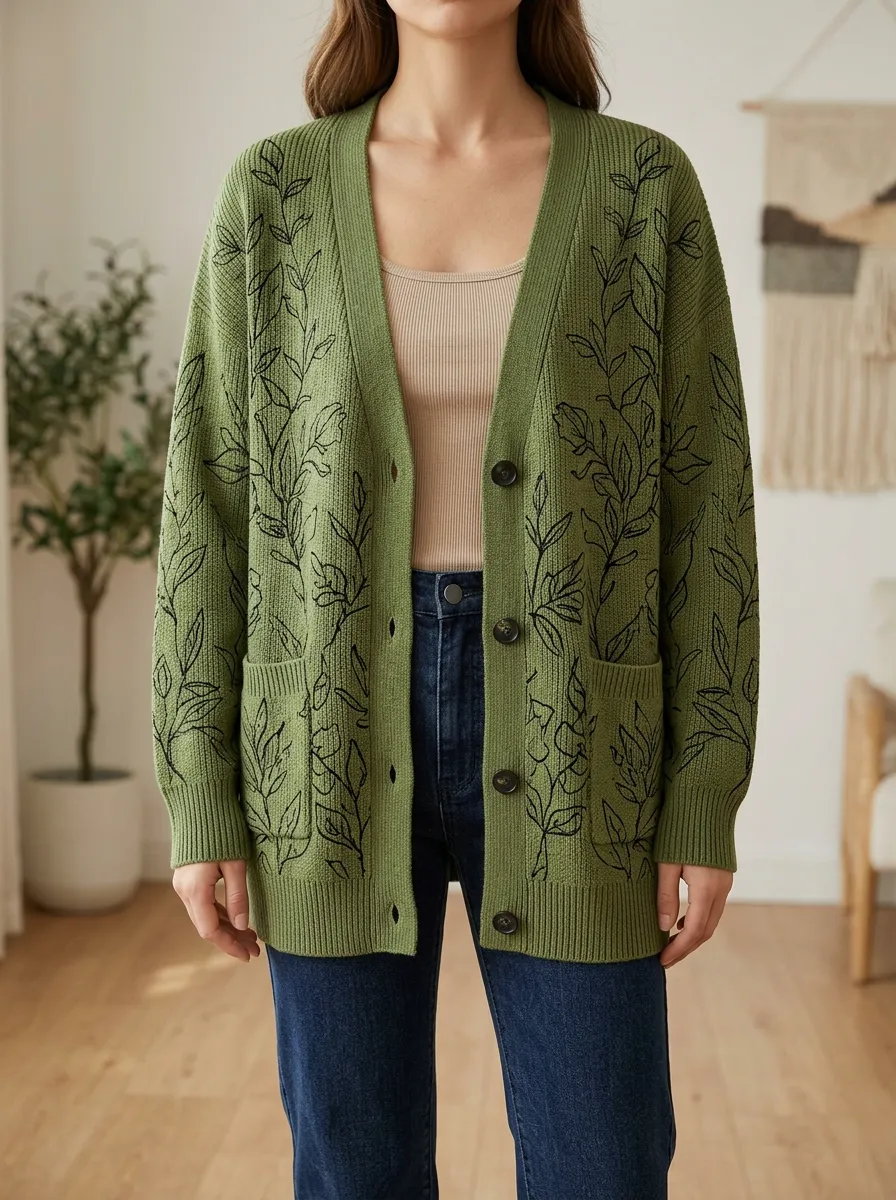 Women's Botanical Nature Lover Black Leaf Printed Cardigan