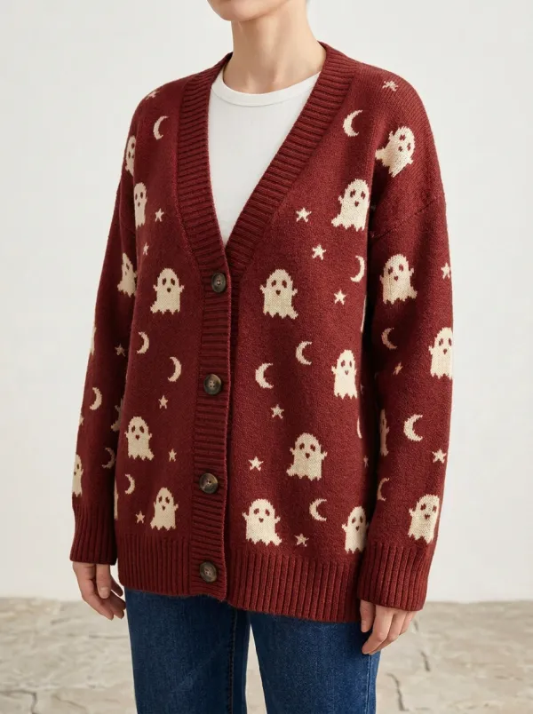 Women's Halloween Ghost Moon Star Patterned Knit Cardigan
