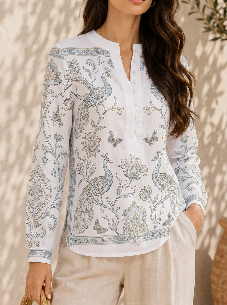 Women's Peacock Floral Butterfly Printed V-Neck Top