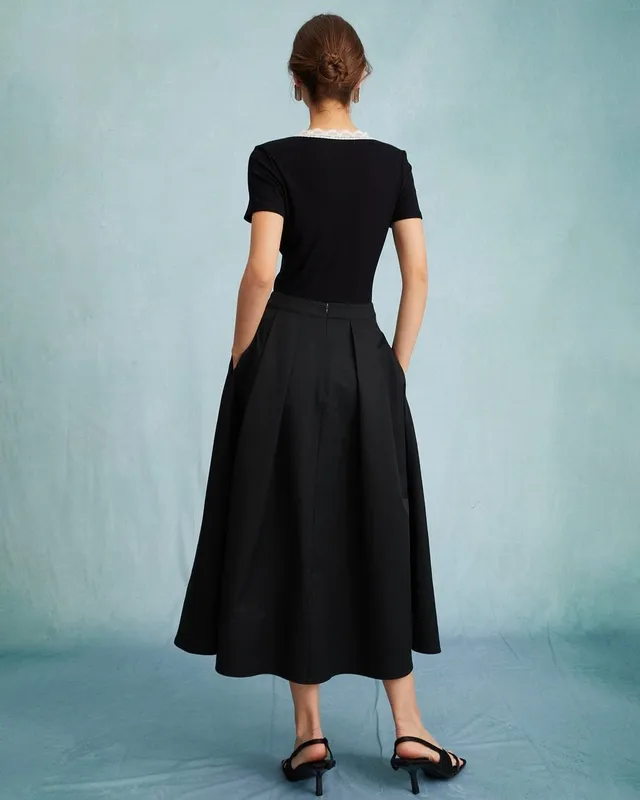 Black High Waist Pleated Midi Skirt