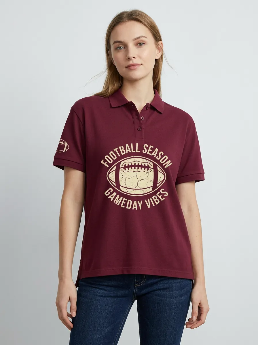 Women's Football Season Gameday Vibes Distressed Graphic Printed Polo Shirt