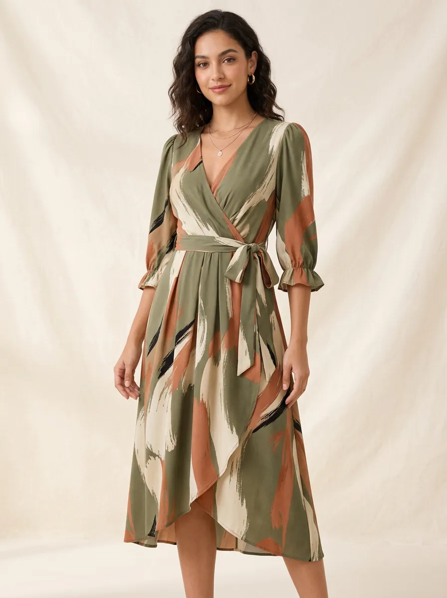 Women's Boho Style Abstract Brushstroke Printed Wrap Dress