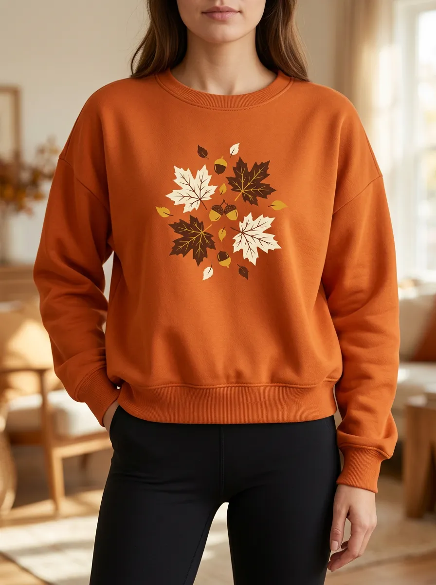 Layered Form Maple-Leaf Printed Acorn Graphic Sweatshirt