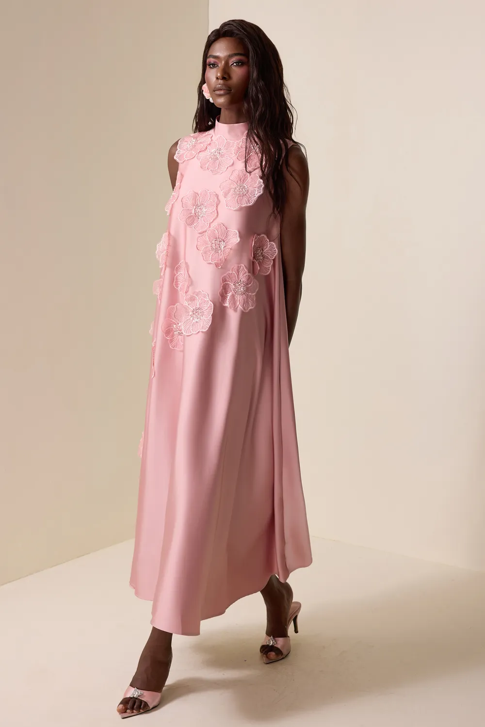 Appliquéd Satin Sleeveless Midi Dress