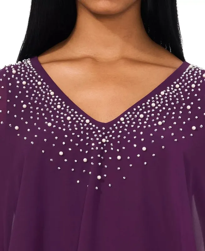 Embellished Chiffon V Neck Overlay Top