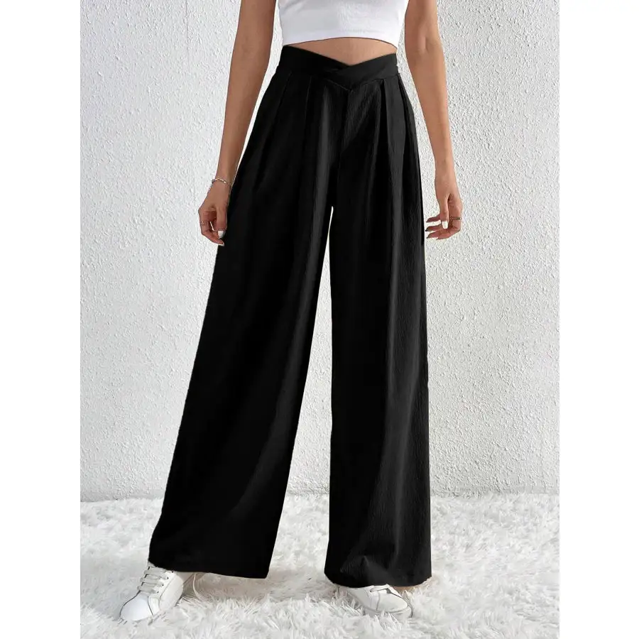 V Waisted Ruched Front Wide Leg Pants