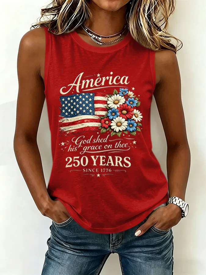 Women's America 250 Years Flag Floral  Printed Tank Top