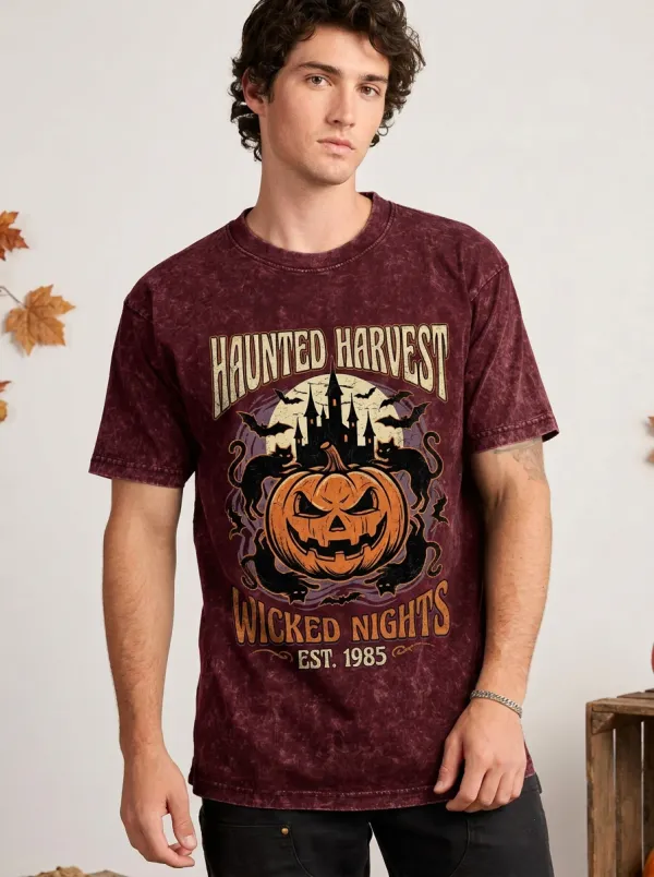 Men's Halloween Haunted Harvest Pumpkin Cat Printed T-shirt