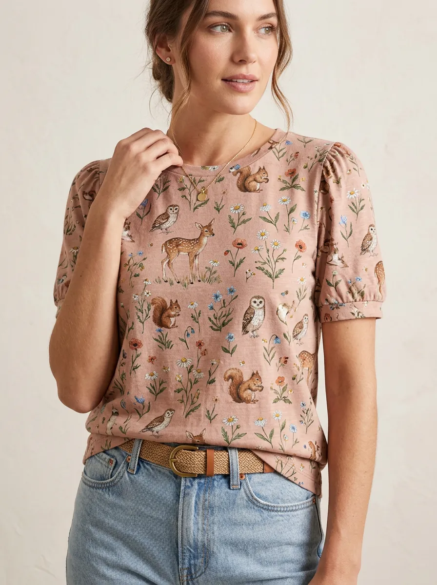 Owl Deer Squirrel Women's Loose Printed T-Shirt