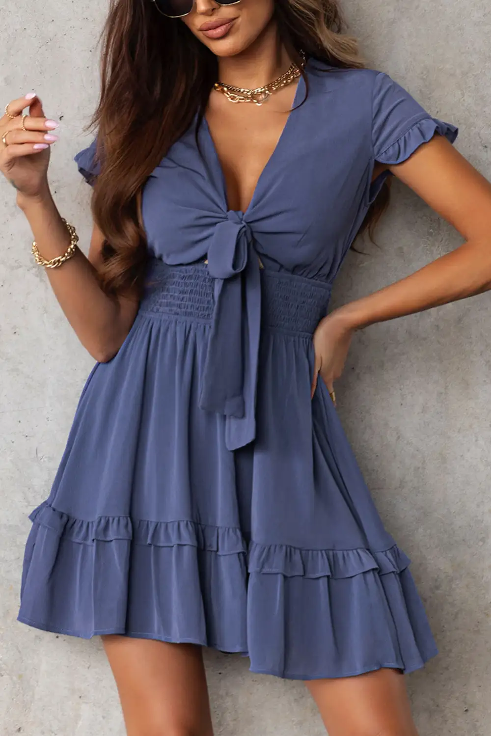 Deep V Neck Self-tie Knotted Front Layered Flare Mini Dress