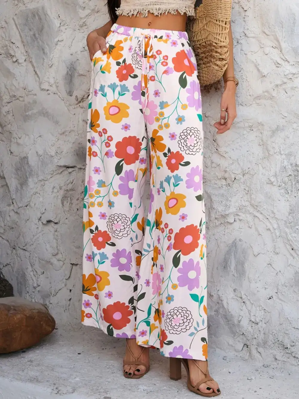 Wide Leg Drawstring Printed Pants