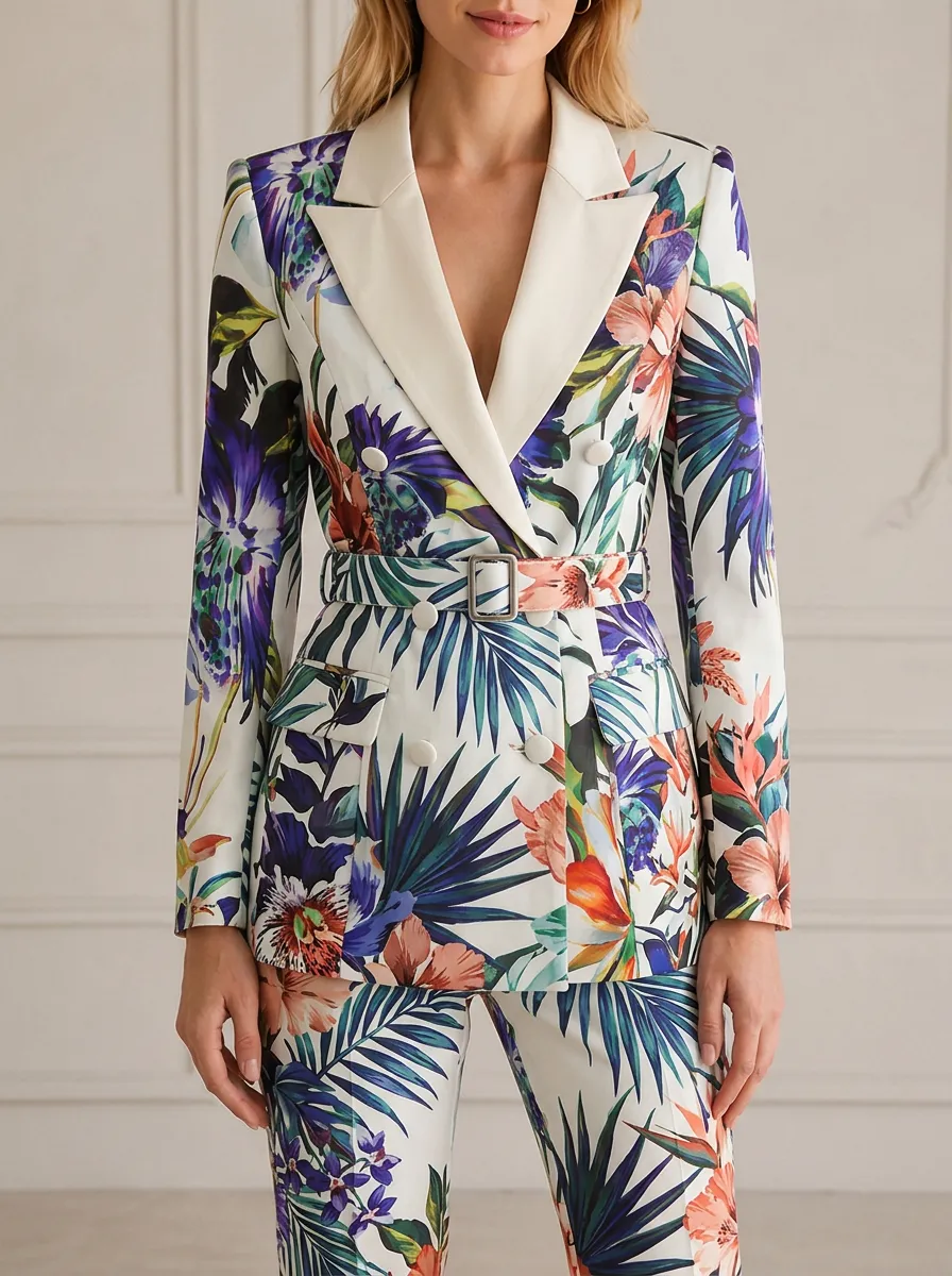 Women's Tropical Floral Botanical Printed Belted Blazer