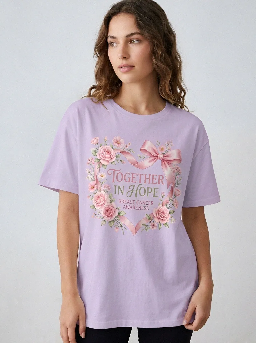 Women's Breast Cancer Awareness Together In Hope Floral Ribbon Printed T-shirt