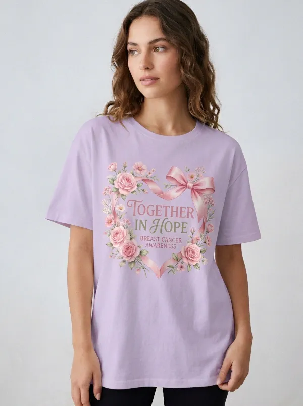 Women's Breast Cancer Awareness Together In Hope Floral Ribbon Printed T-shirt