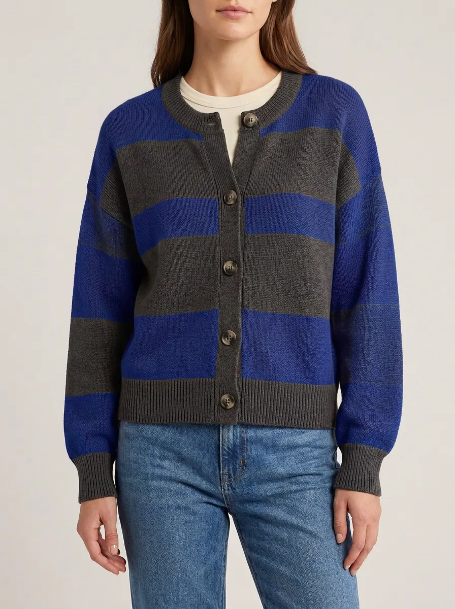 Classic Striped Distinctive Rugby Striped Knit Cardigan