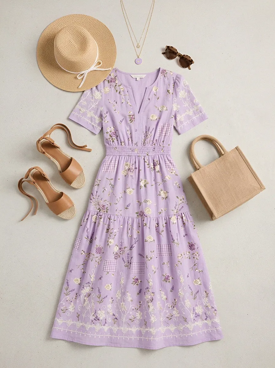 Women's Summer Vacation Lavender Floral Printed Midi Dress