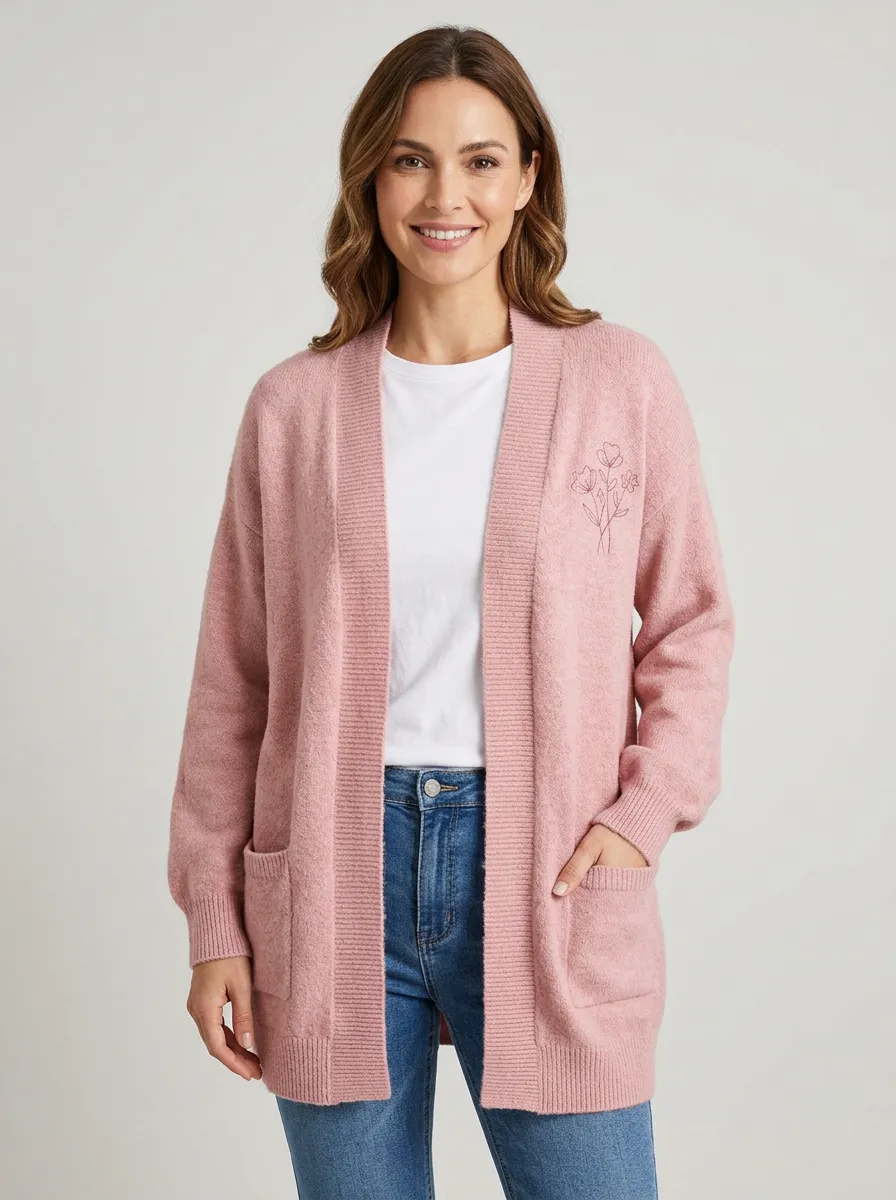 Pink Floral Line Art Embroidered Cardigan