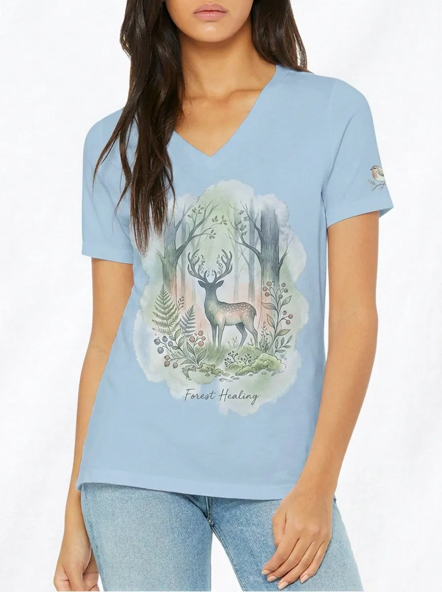 Women's Nature Lover Forest Deer Watercolor Printed V-neck T-shirt