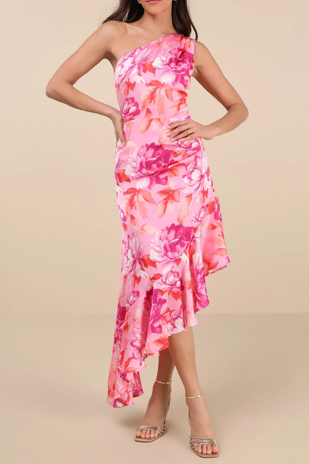 Casual Style Multi Floral One-Shoulder Midi Dress