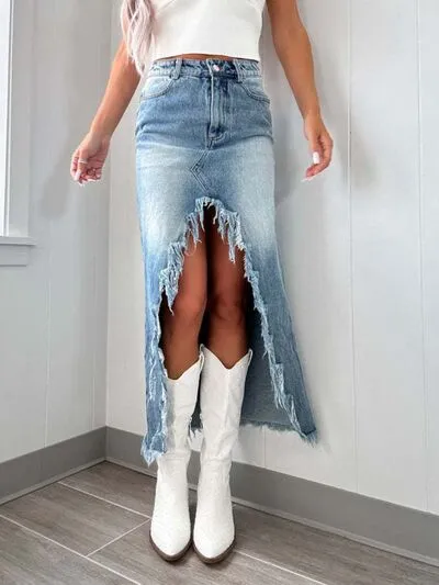 Denim High Rise Raw Hem Pocketed Skirt