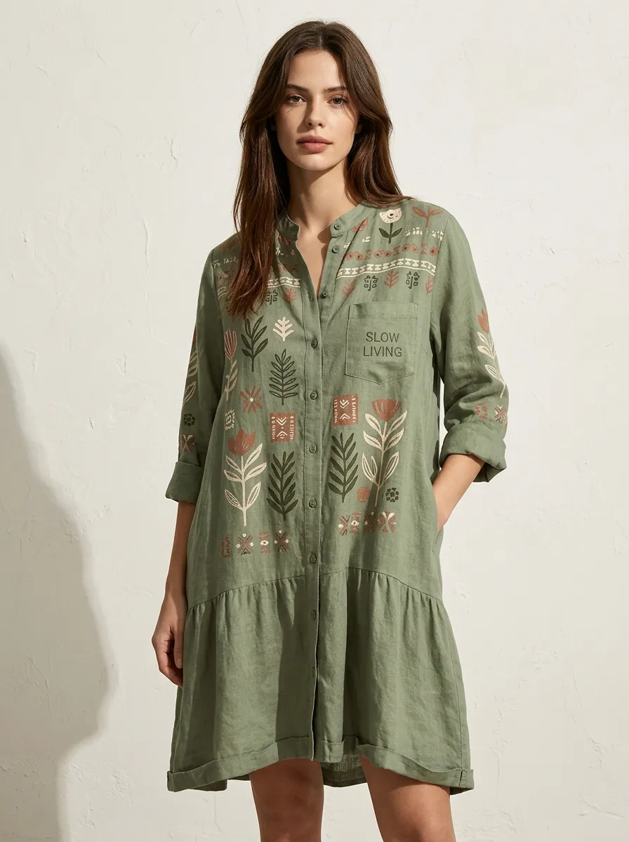 Slow Living Botanical Floral Shirt Dress