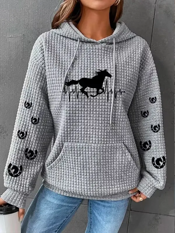 Horse Heartbeat Waffle Print Sweatshirt