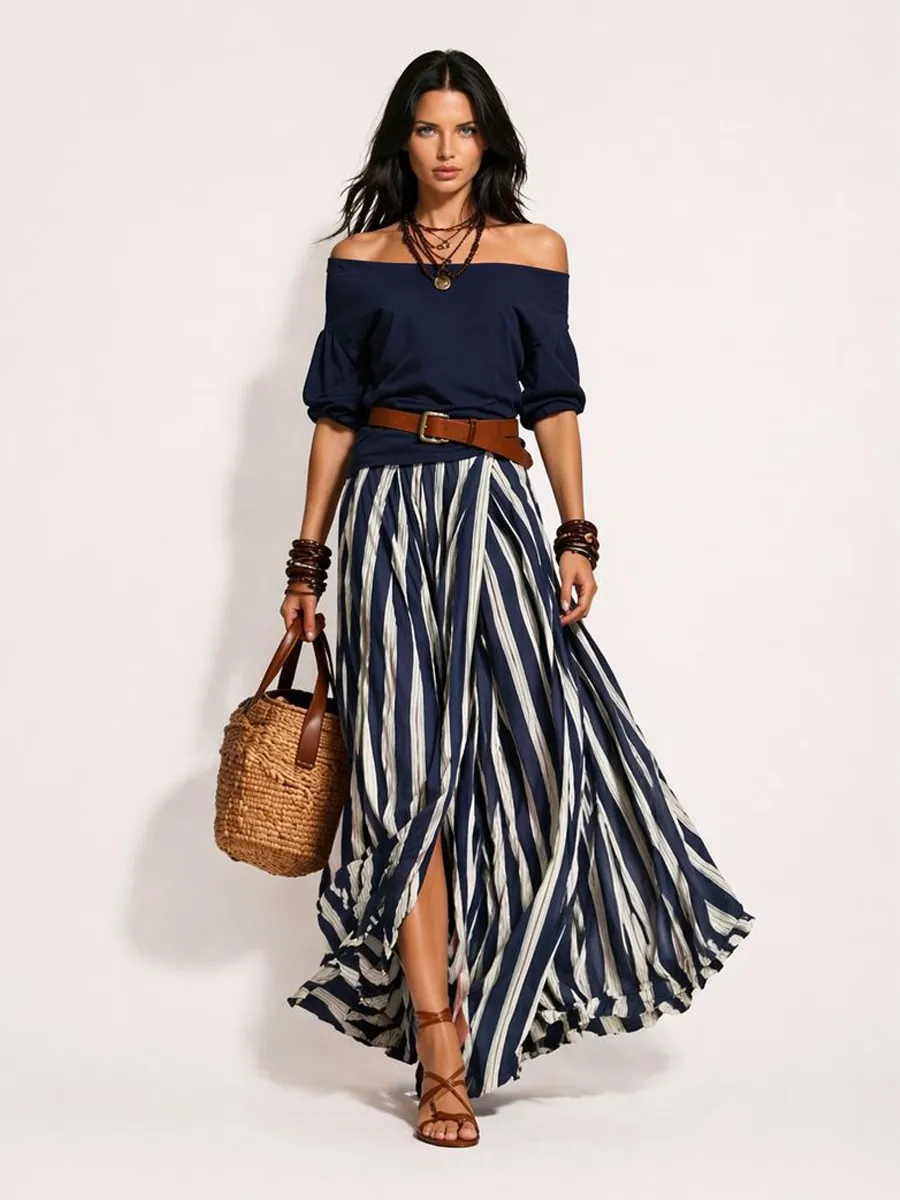 Arlette Women's Vacation-Style Off-Shoulder Top and Slit Skirt Set