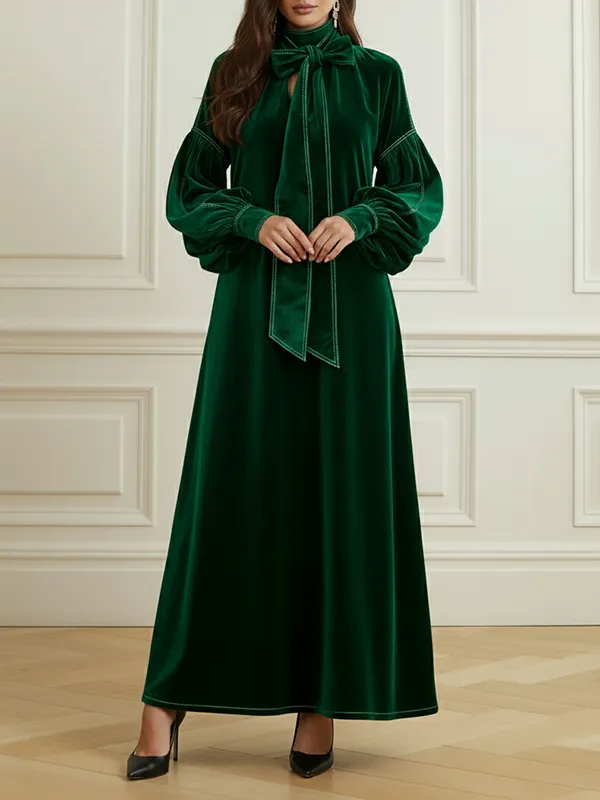 Embellished Pleated Long Neck Maxi Dress