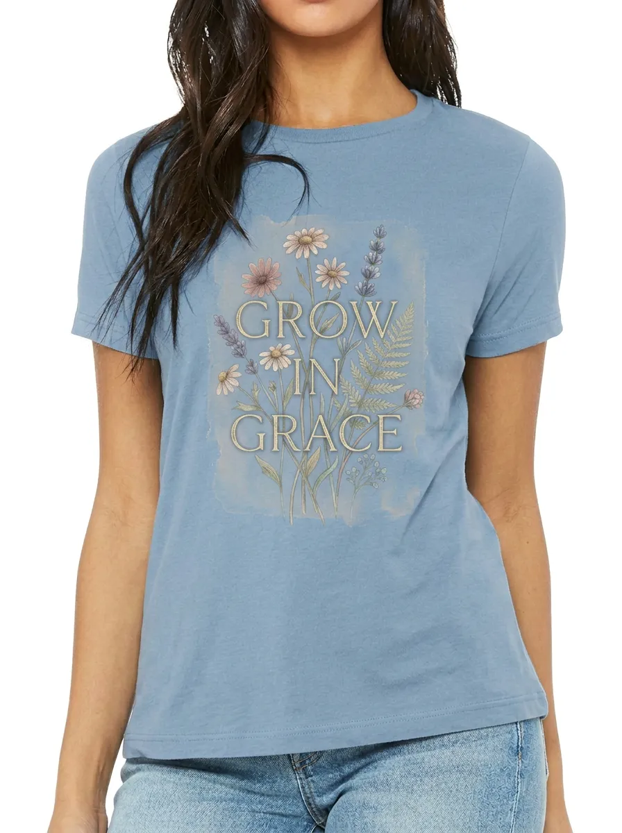 Women's Christian Faith Grow In Grace Floral Printed T-shirt