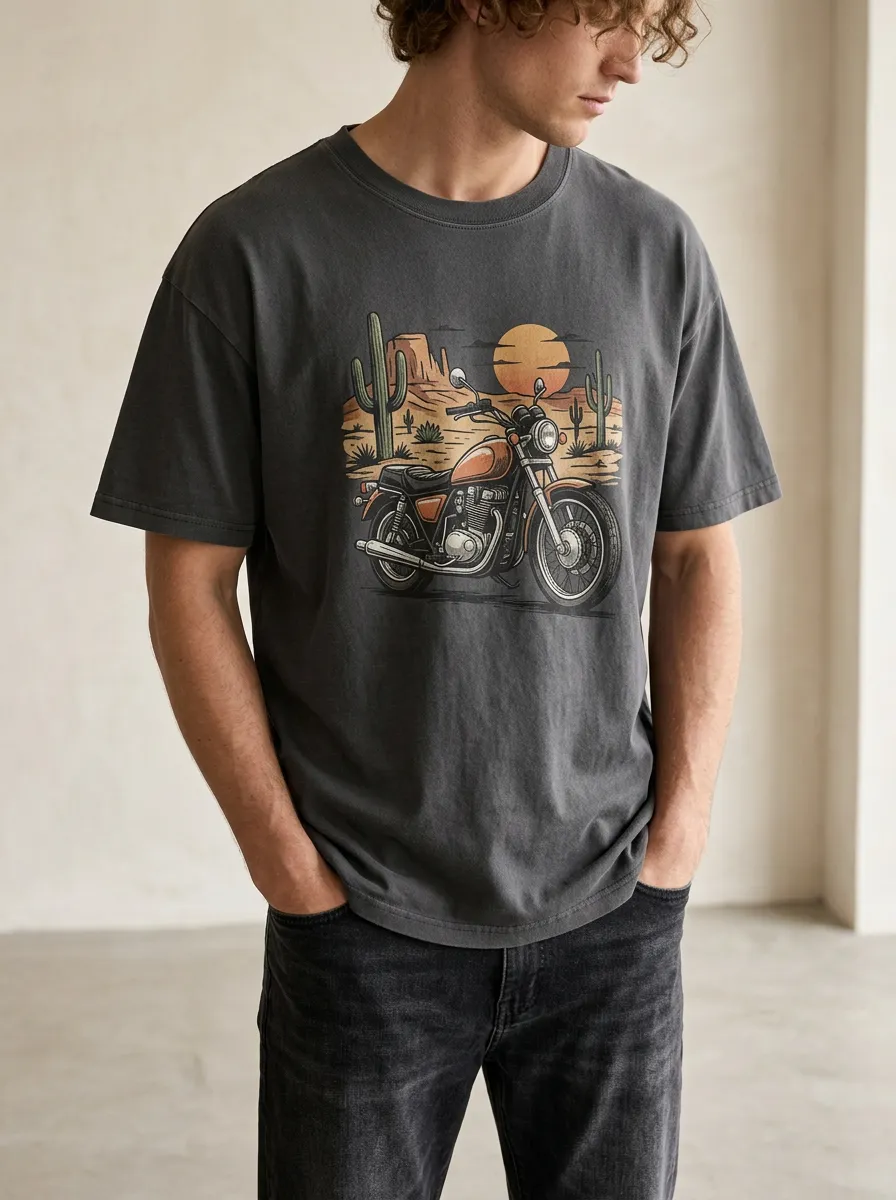 Men's Biker Cactus Sunset Printed T-Shirt