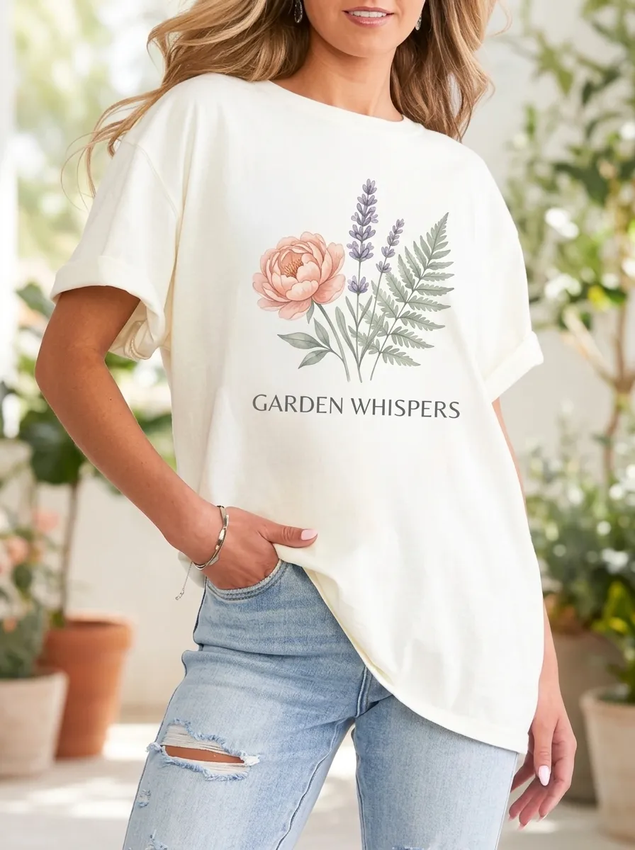 Women's Garden Whispers Peony Lavender Fern Printed T-shirt