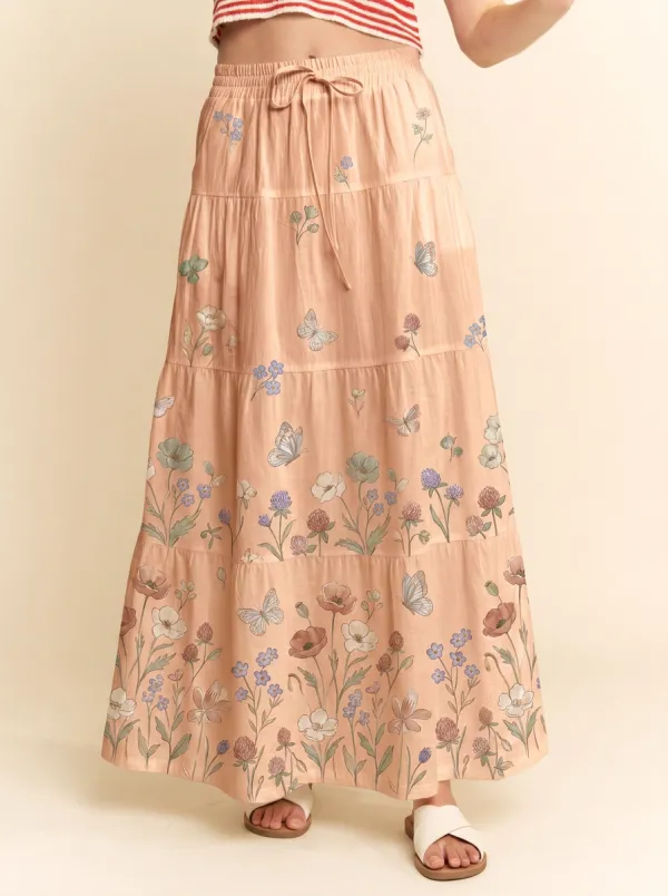 Women's Cottagecore Floral Butterfly Printed Tiered Maxi Skirt