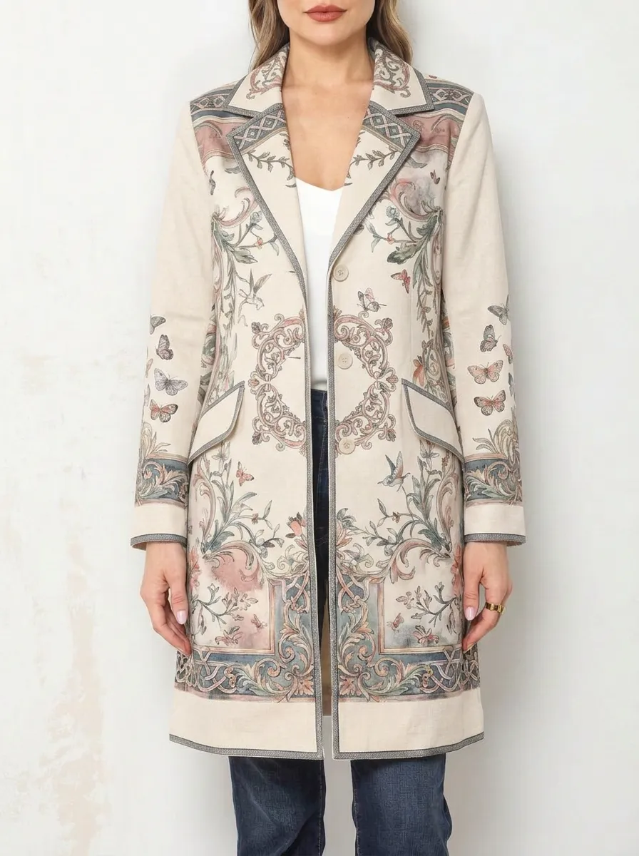 Women's Vintage Floral Butterfly Baroque Printed Long Blazer