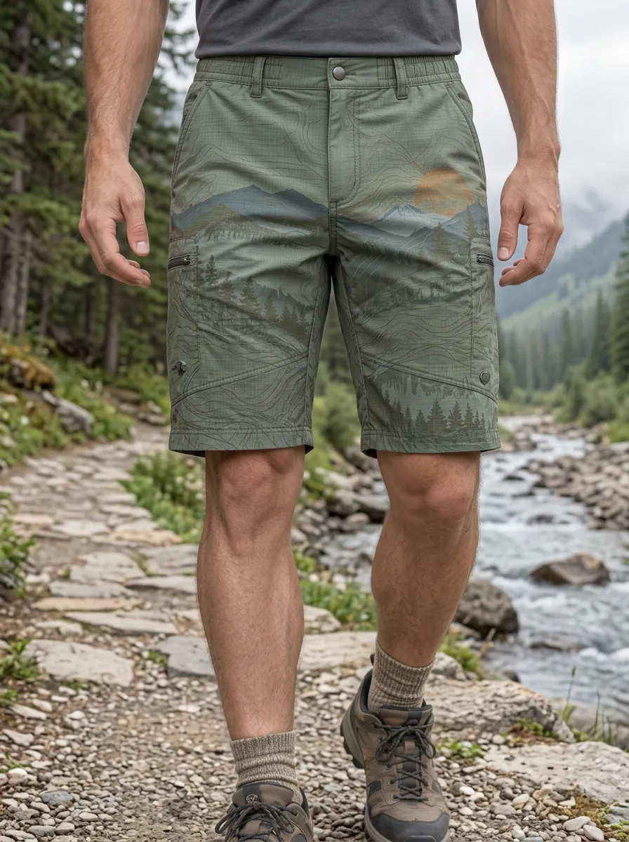 Men's Outdoor Hiking Mountain Forest Landscape Elastic Waist Shorts