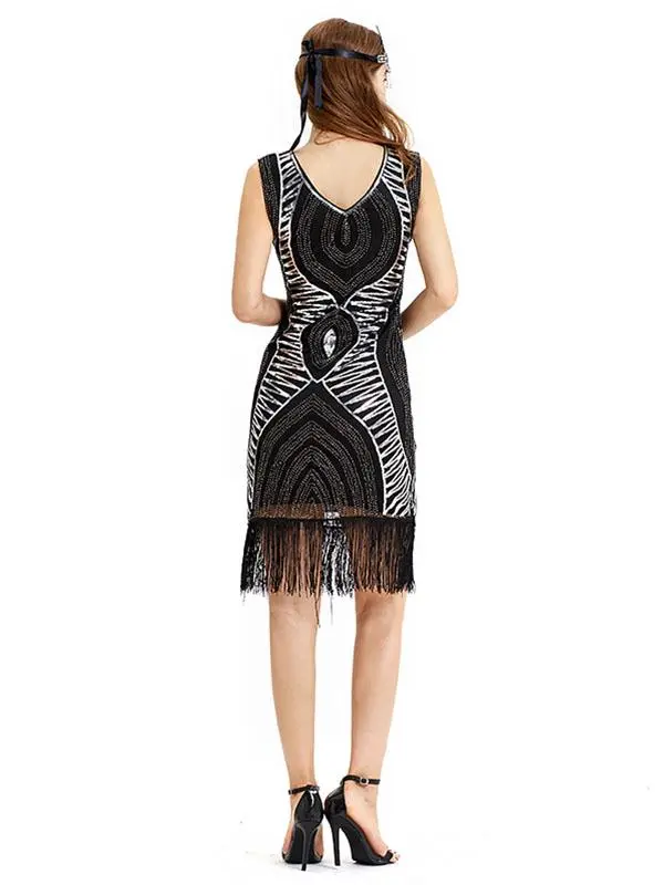 Textured Sequined Flapper V Neck Fringe Flapper Dress