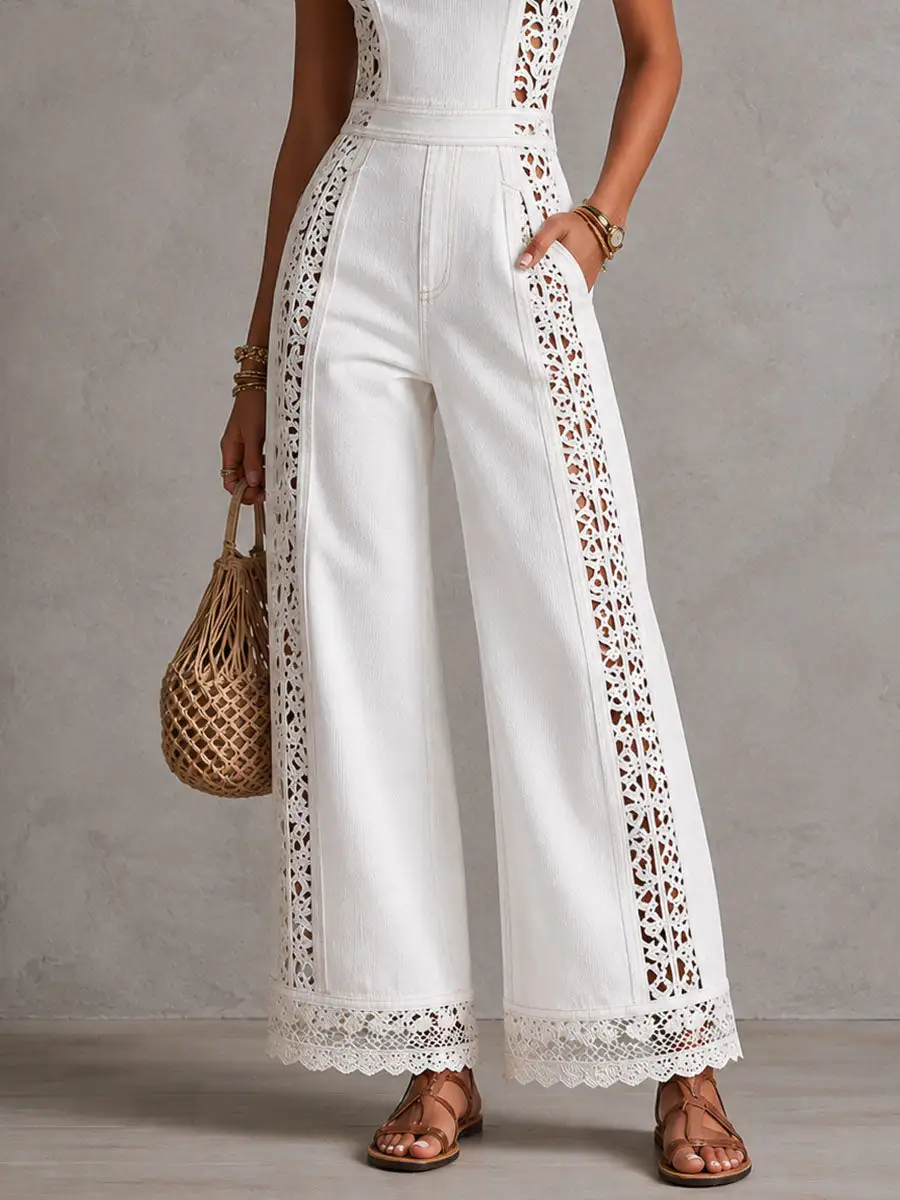 Boho White Denim Square Neck Crochet Lace Wide Legs Jumpsuit