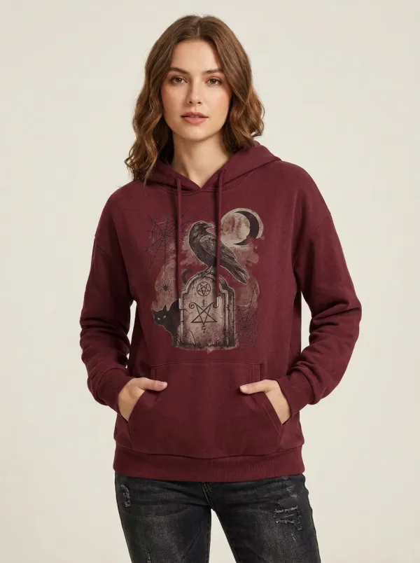Women's Halloween Gothic Raven Tombstone Printed Hoodie