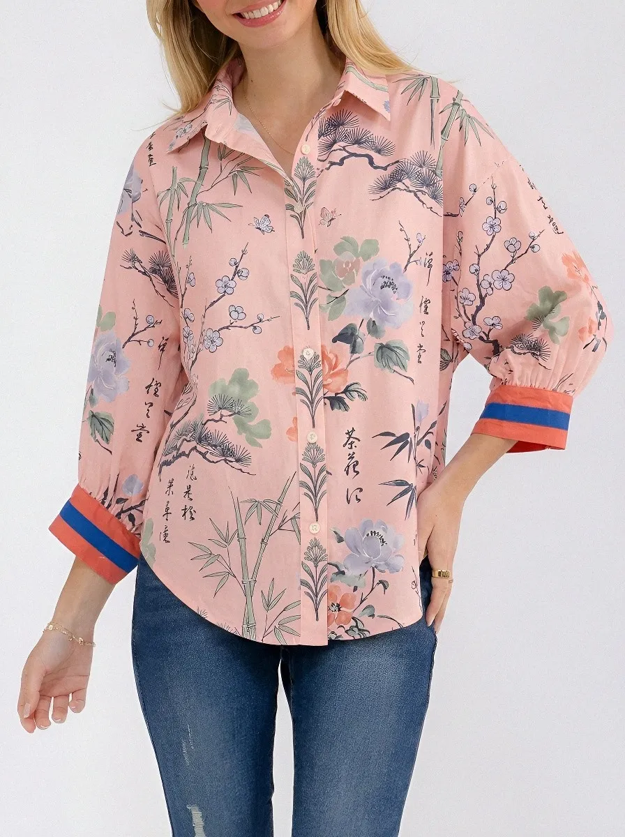 Women's Oriental Floral Bamboo Calligraphy Printed Button-up Shirt