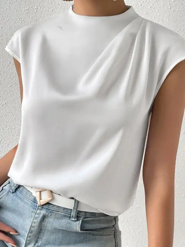 Relaxed Sleeveless Cutout Pleat Detail Mock Neck T-Shirt