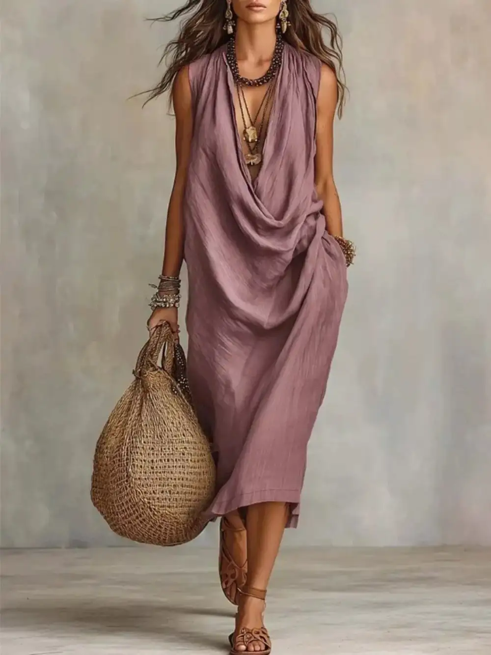 Cowl Neck Sleeveless Midi Dress
